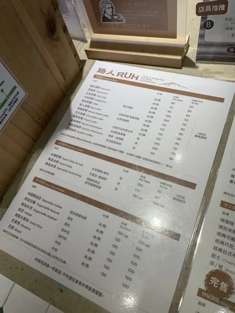 路人咖啡3號店菜單