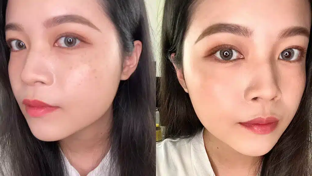 ,too beauty 礦物粉底開箱|保濕、吸油、防護一次搞定,快速打造輕透自然妝容 這兩張是不同光源和角度