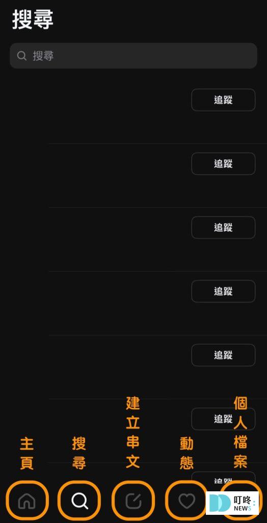 Threads主要有五個區塊，分別是瀏覽動態的主頁、尋找其他帳號或感興趣內容的搜尋、發文的地方、查看與自己帳號互動情形的動態以及個人檔案