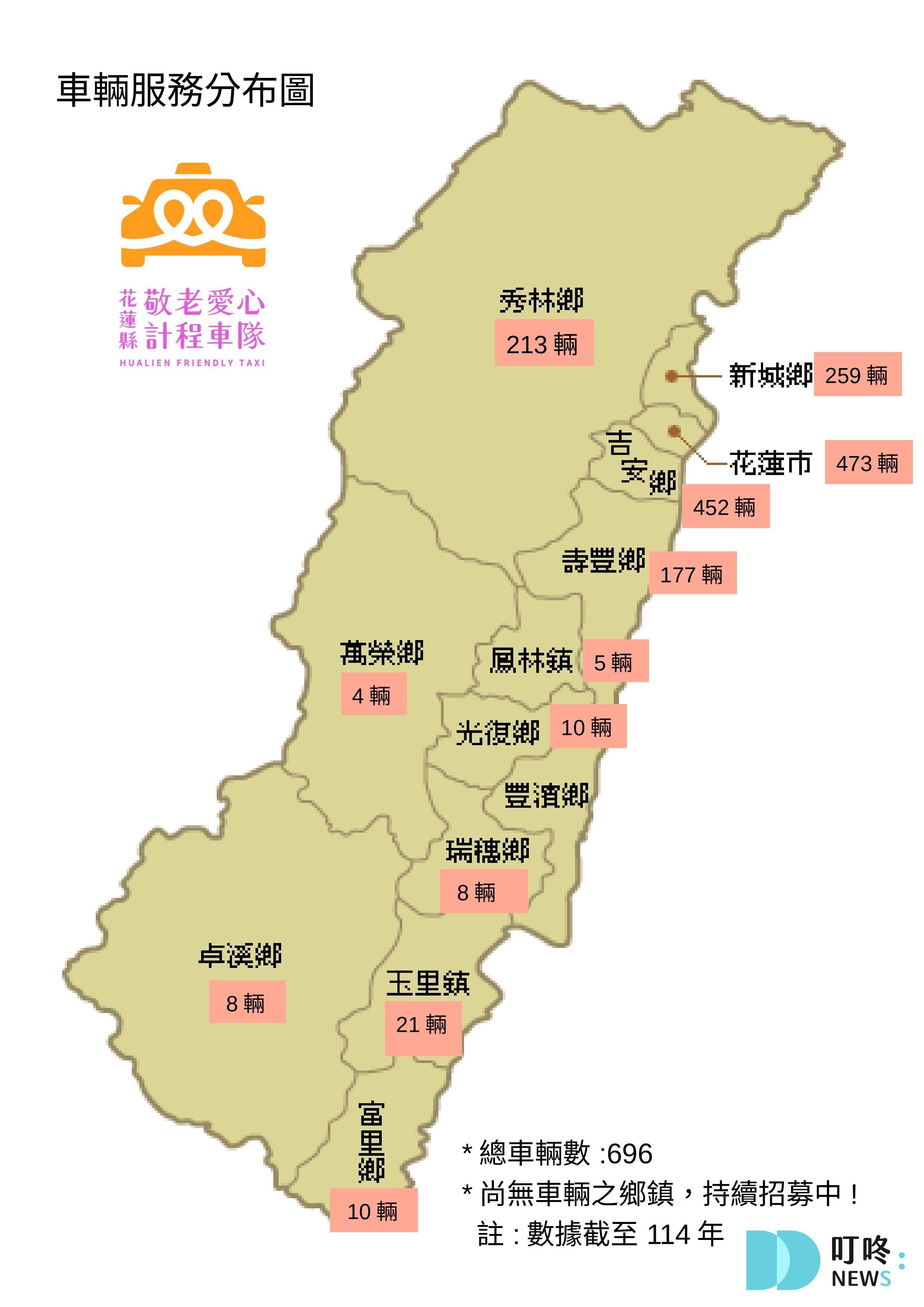 花蓮敬老愛心卡搭乘計程車車輛服務分布