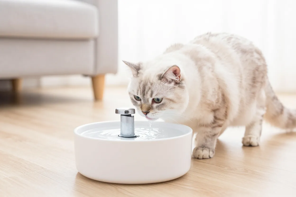 寵物飲水機推薦|貓狗自動飲水機怎麼挑?容量、靜音、清洗難易選購指南【2026】 寵物飲水機-貓咪使用飲水機喝水示意