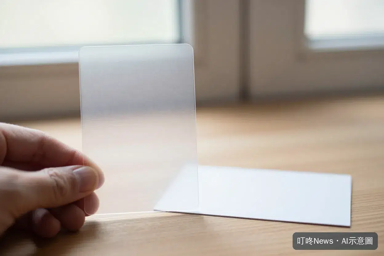 透明 PVC 卡對著窗光透光，旁邊平放一張同尺寸白色紙卡對照