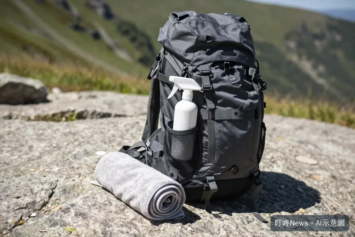 登山背包側袋插著噴霧瓶，旁邊放著捲好的快乾毛巾與水壺