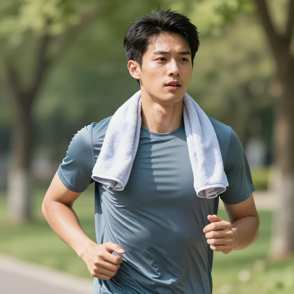 運動跑者穿涼感衣搭配涼感巾慢跑的情境示意圖