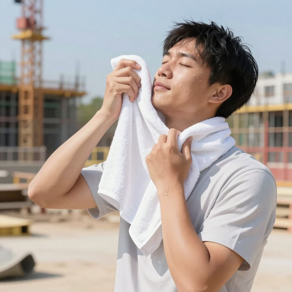 戶外工作者中午休息用涼感巾浸水降溫的情境示意圖