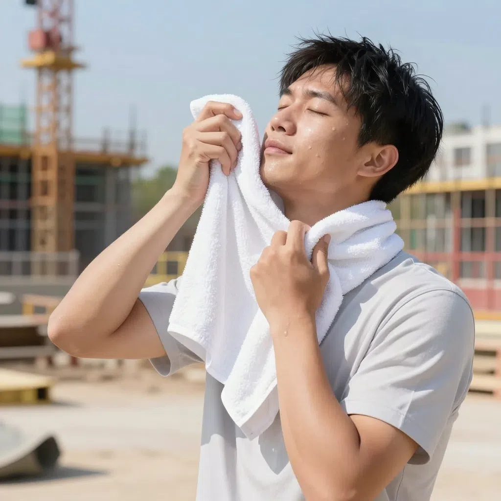 戶外工作者中午休息用涼感巾浸水降溫的情境示意圖