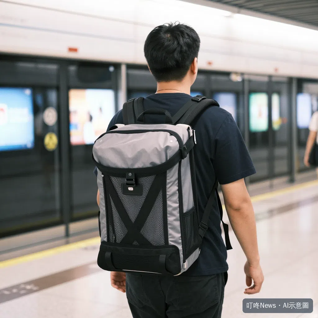 飼主背著寵物雙肩背包走在捷運月台上