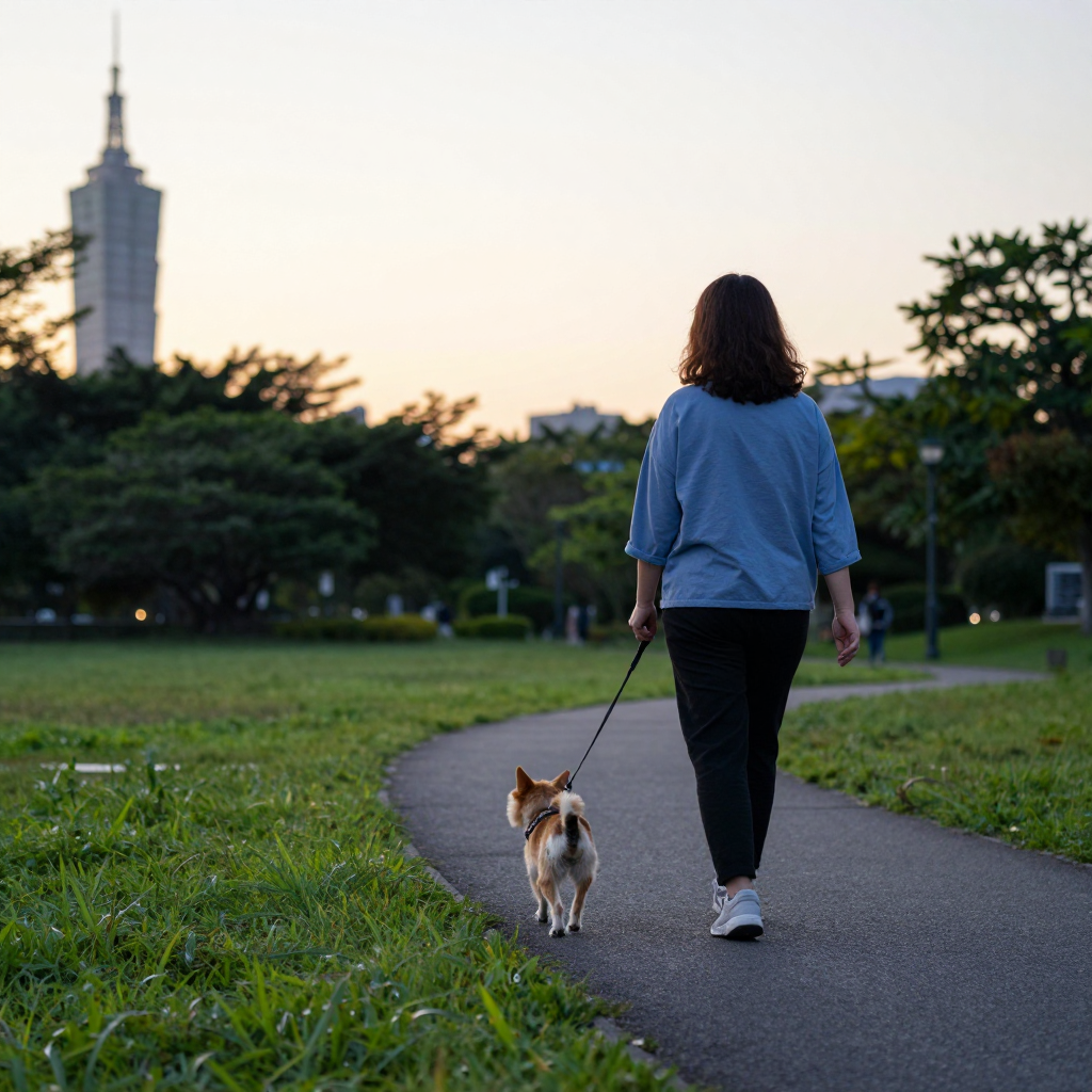 傍晚較涼時段帶狗散步、避開正午柏油路的示意圖