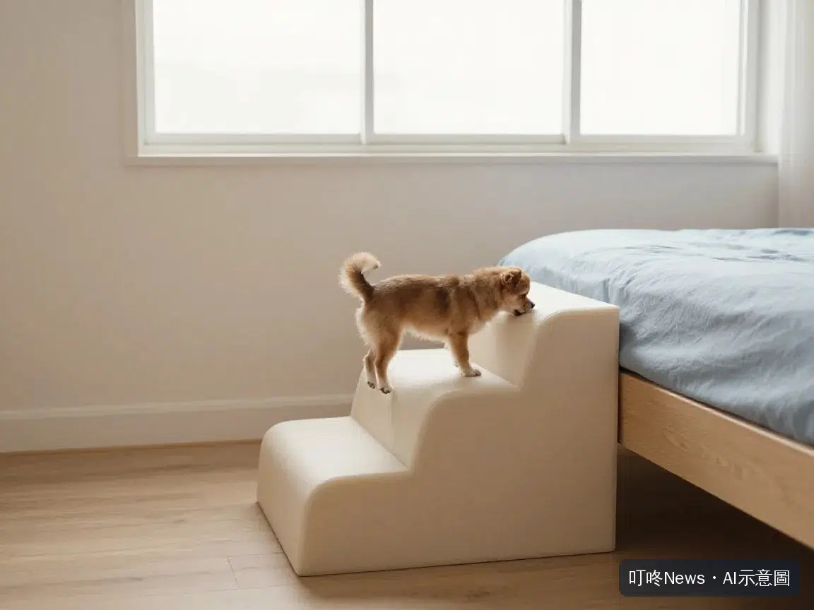 小型犬沿著寵物階梯一階一階走上床