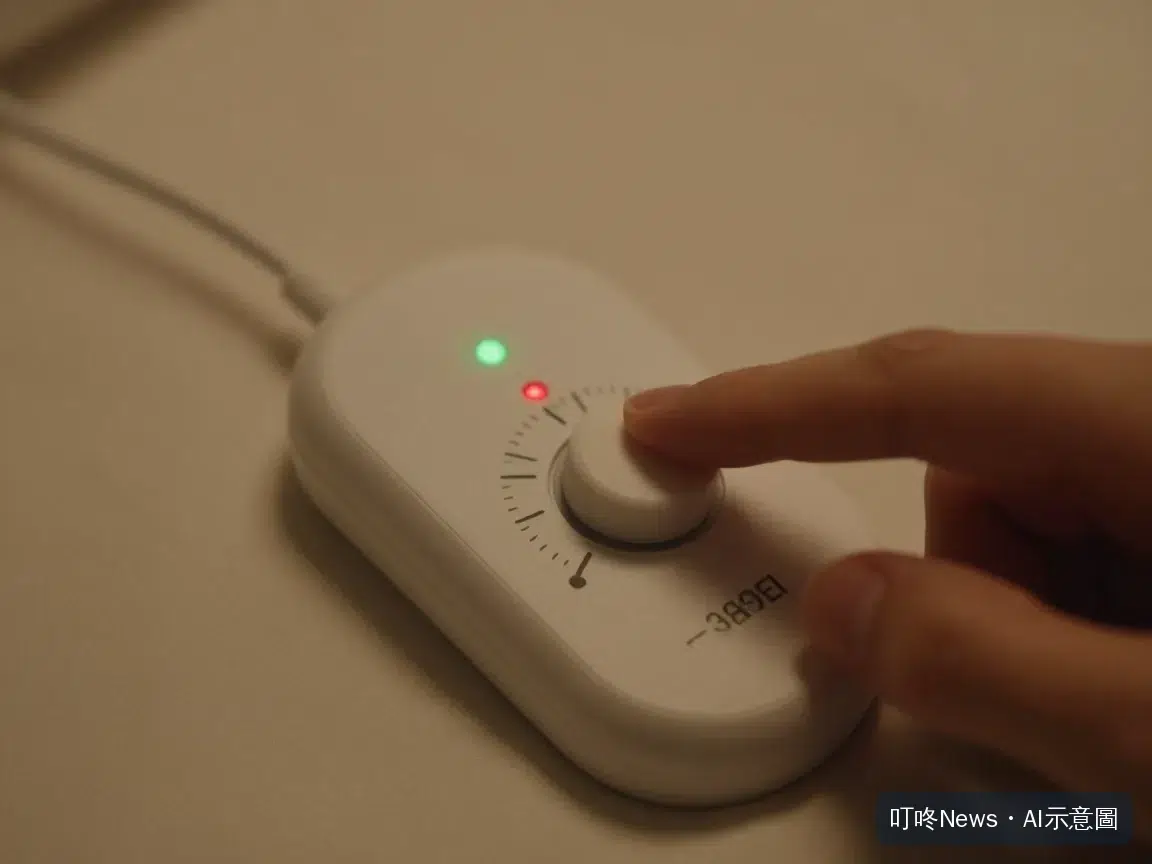 電熱毯控制器面板特寫，手指正在調整溫控旋鈕