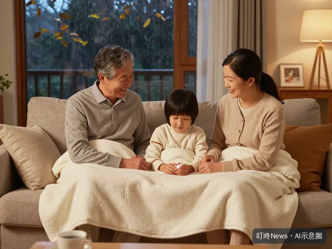 一家人在下雨的秋夜裡，圍著一條電熱毯坐在客廳沙發上的溫馨情境