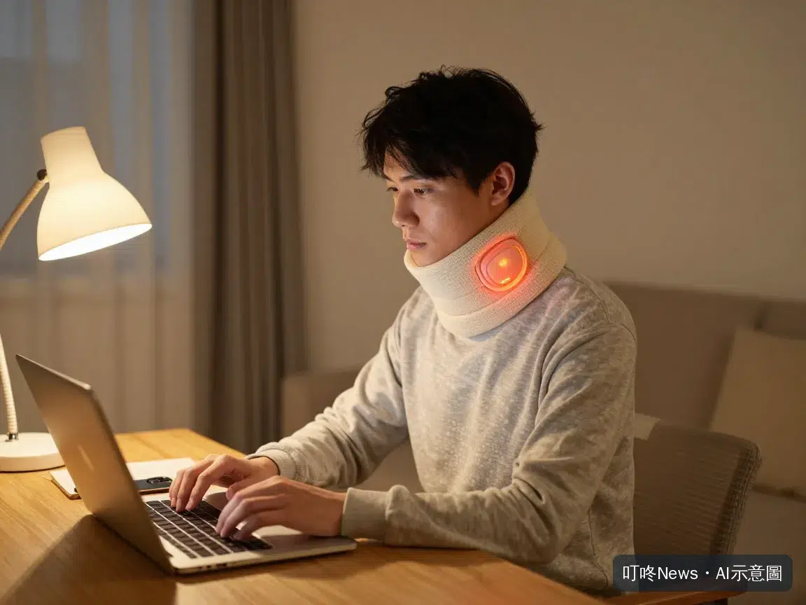 一個人在家中書桌前戴著電熱頸肩帶工作的居家情境