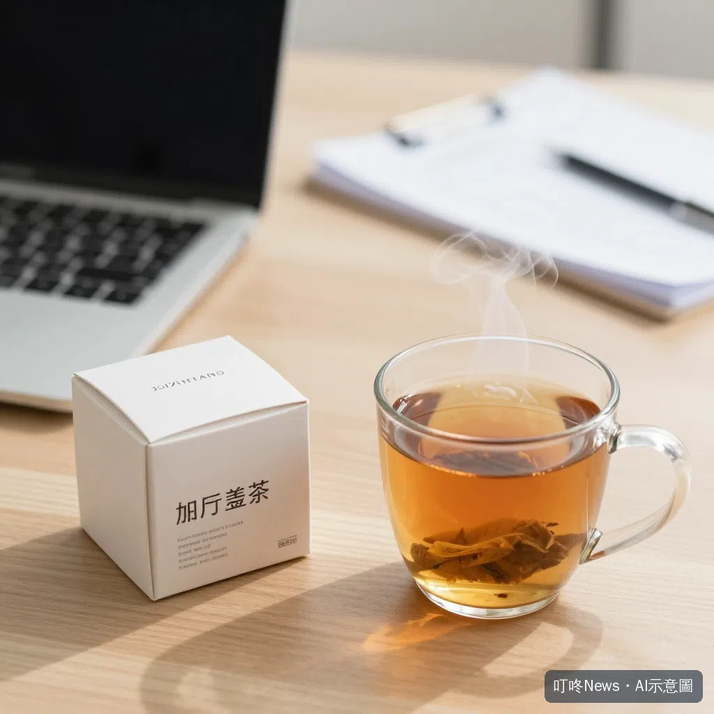 辦公桌上放著薑茶包裝與冒熱氣馬克杯，呈現辦公室沖泡薑茶小憩情境