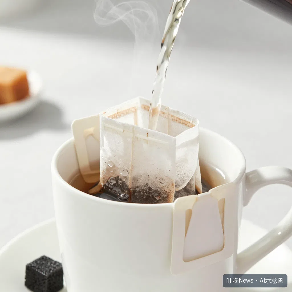 熱水沖入白色馬克杯茶包，蒸氣裊裊上升的沖泡瞬間特寫