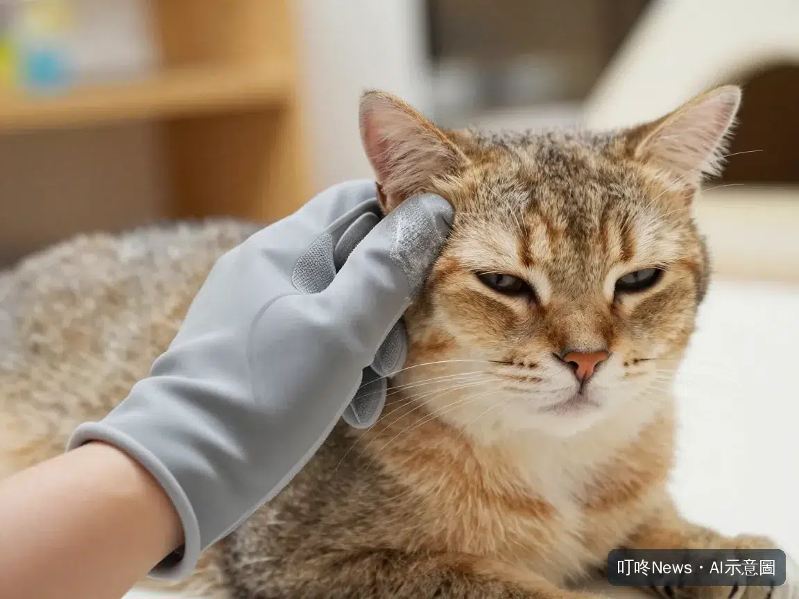 飼主戴著梳毛手套輕撫一隻放鬆瞇眼的貓咪