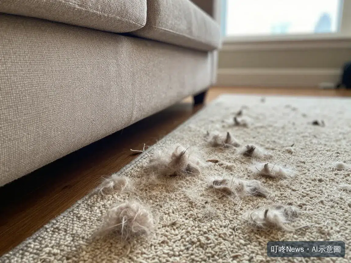 沙發扶手與地墊上沾附大量脫落的貓狗毛球