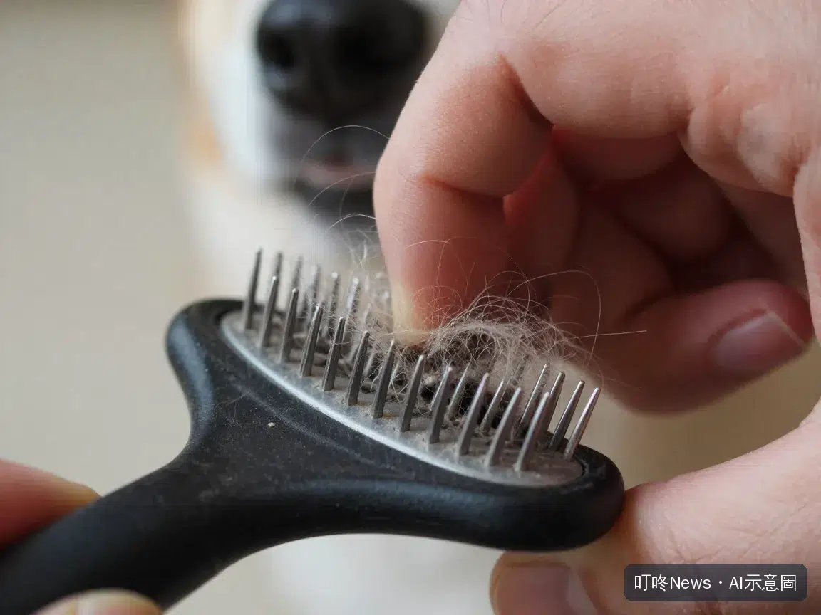 飼主用手清理除毛梳齒縫間卡住的毛髮