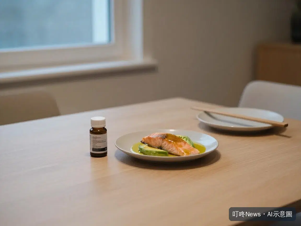 搭配含油脂餐點食用保健食品幫助吸收的情境示意