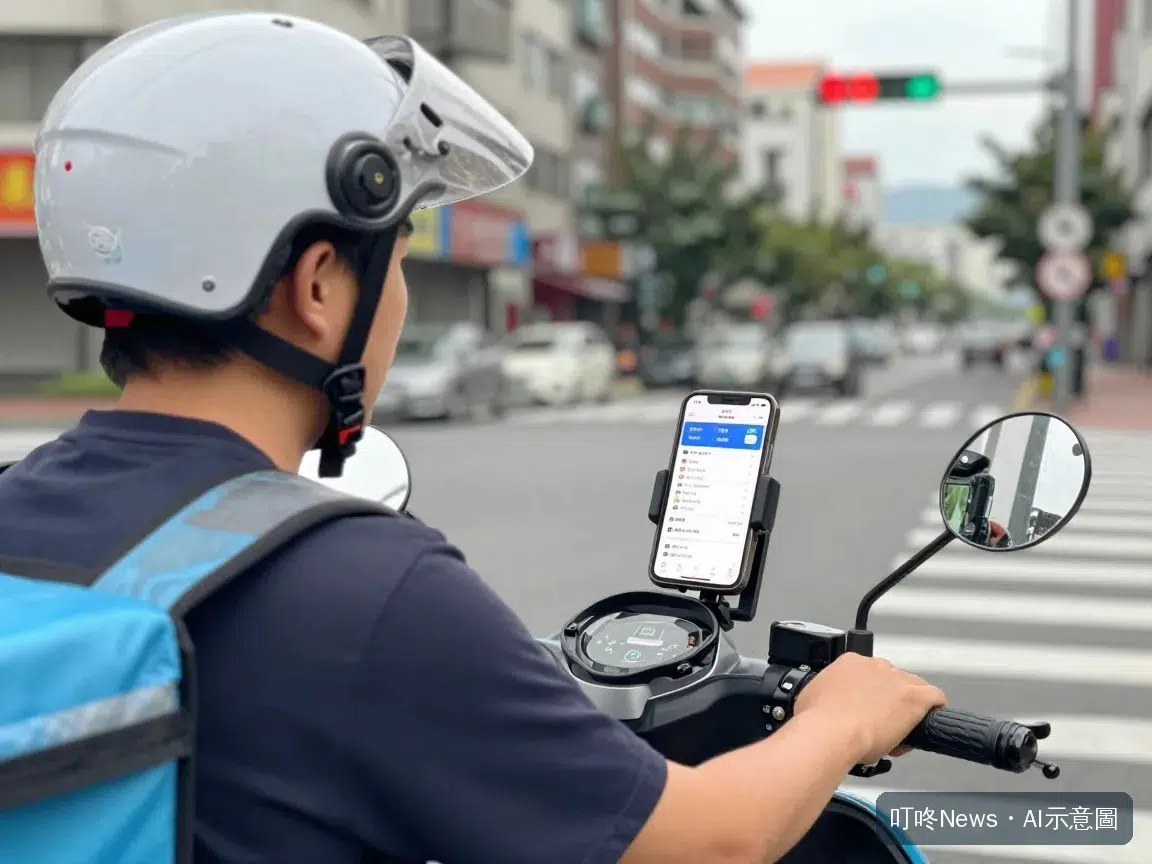 外送員機車手機架情境示意圖,騎士視角紅燈停等