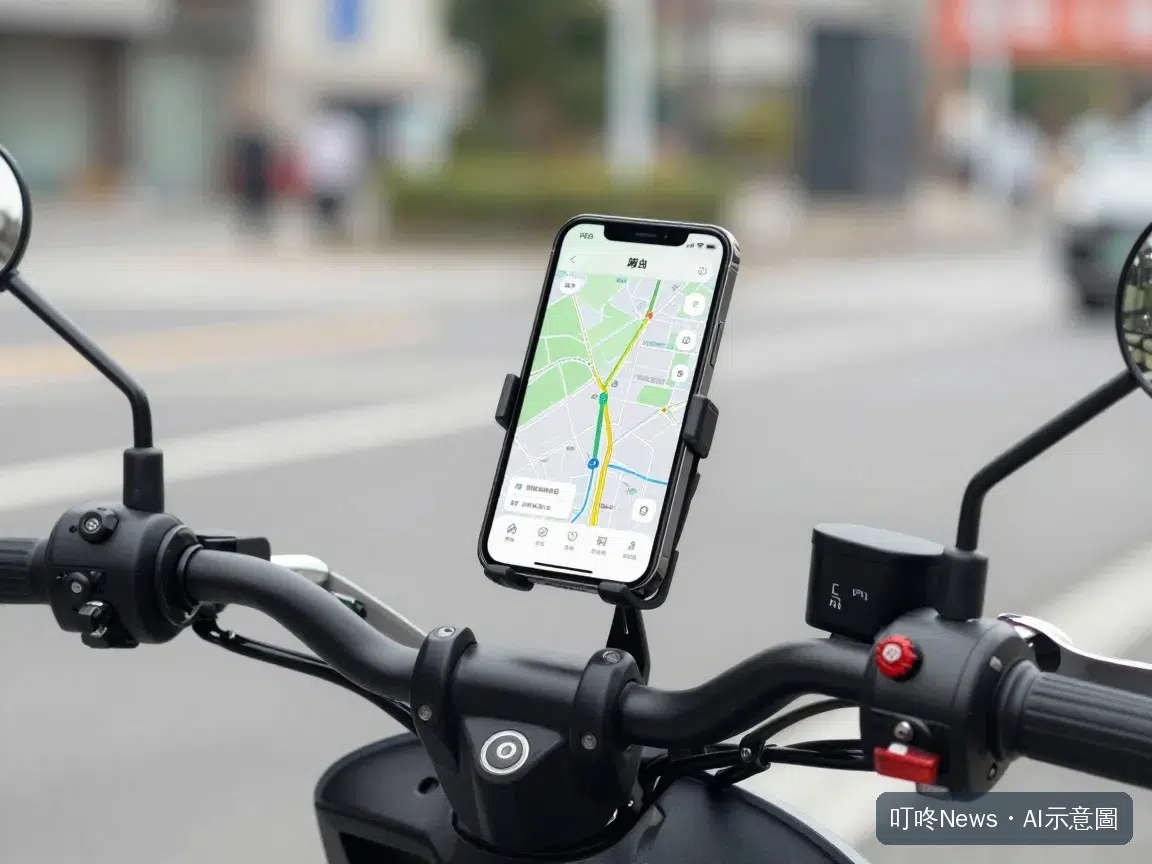 機車龍頭夾式手機架情境示意圖,螢幕顯示導航地圖