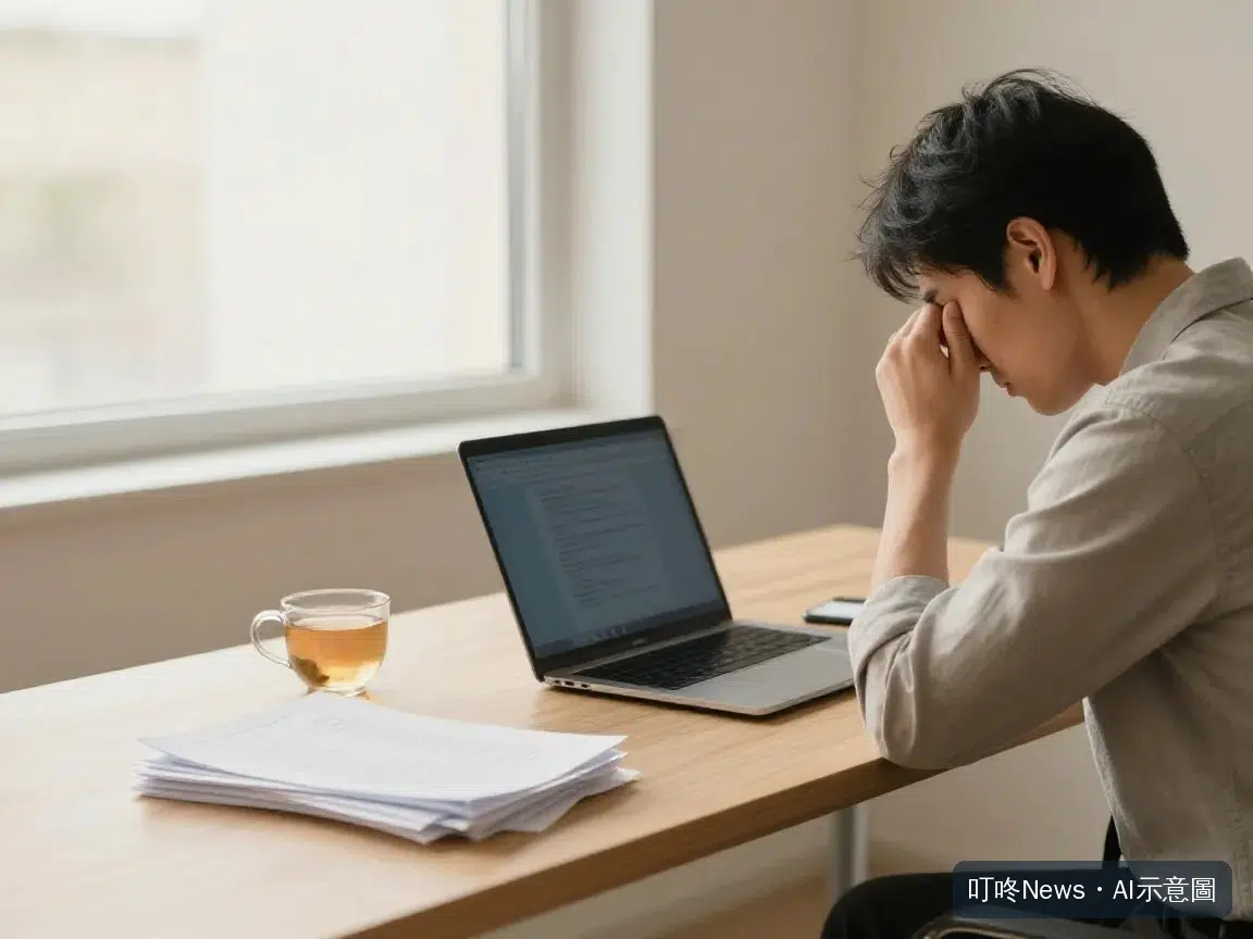 上班族長時間盯著電腦螢幕用眼疲勞情境示意