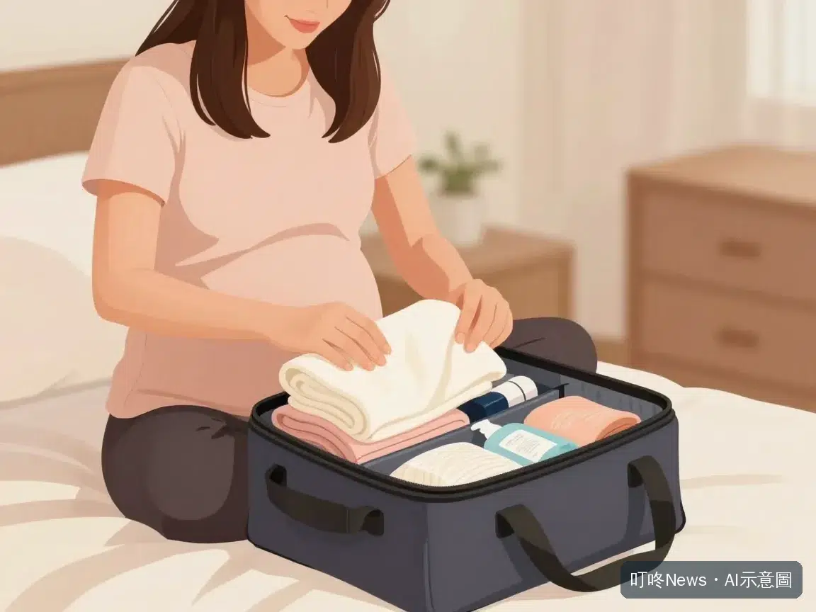 孕婦在家中整理待產包，準備生產用品的畫面