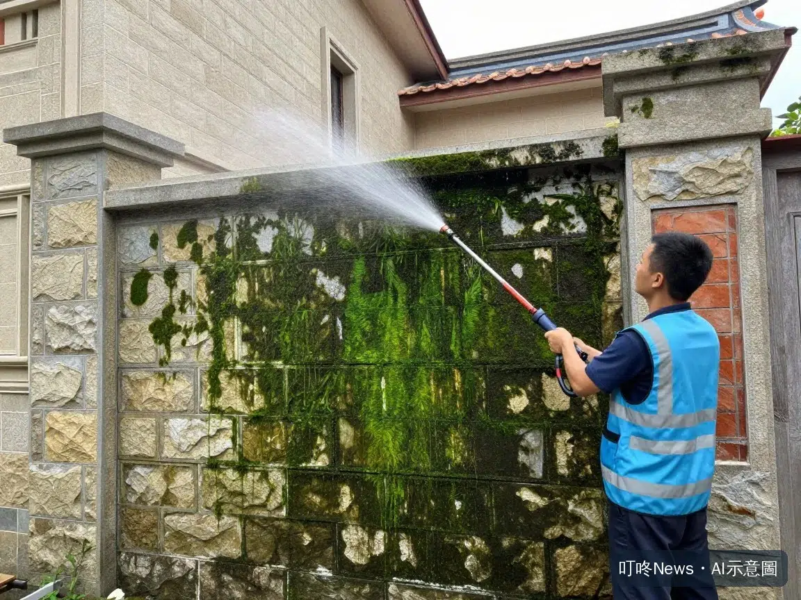 使用高壓清洗機清洗外牆青苔情境
