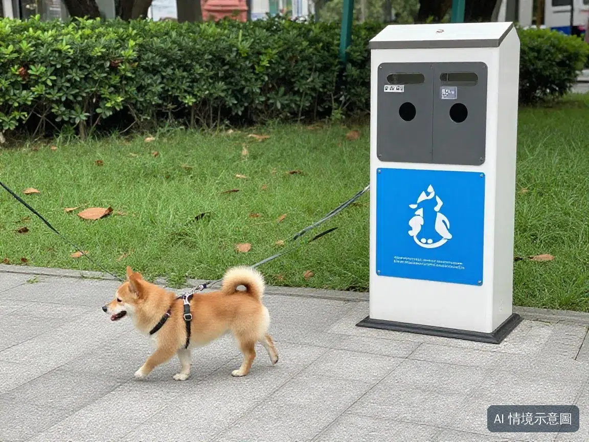 狗狗在公園散步，旁邊設有拾便袋提供站