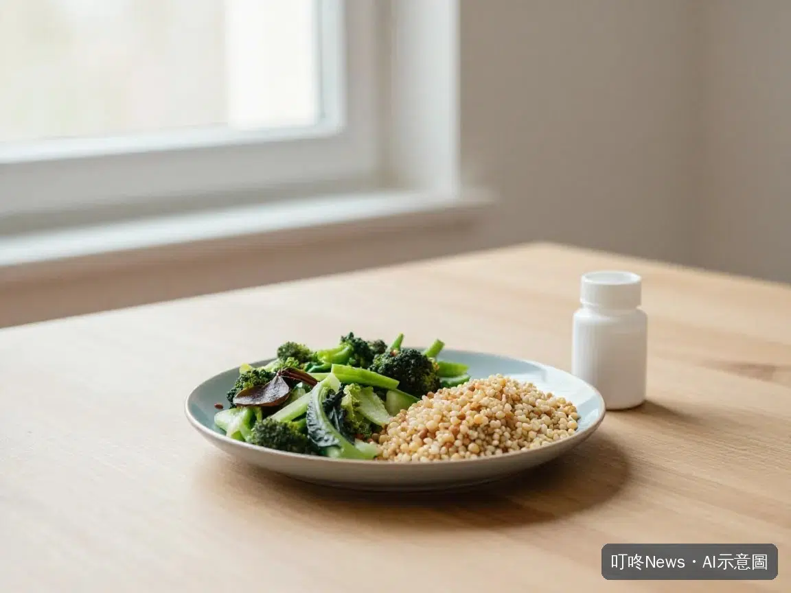素食者搭配保健食品膠囊的健康飲食情境示意