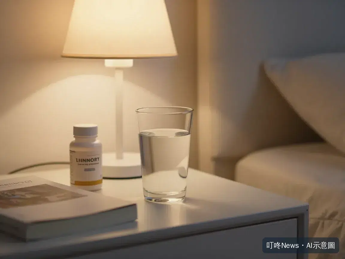 床頭桌上一杯水與保健食品罐，晚間情境