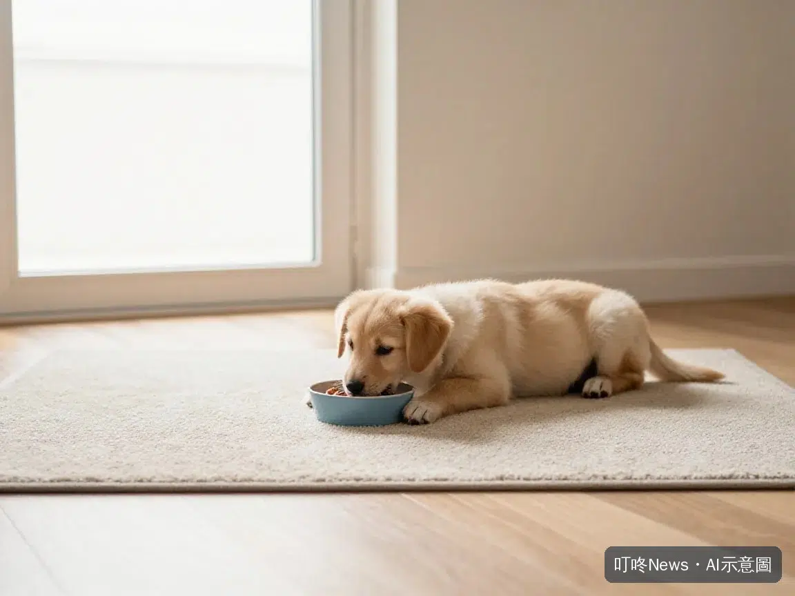 幼犬專心吃碗裡食物的情境示意