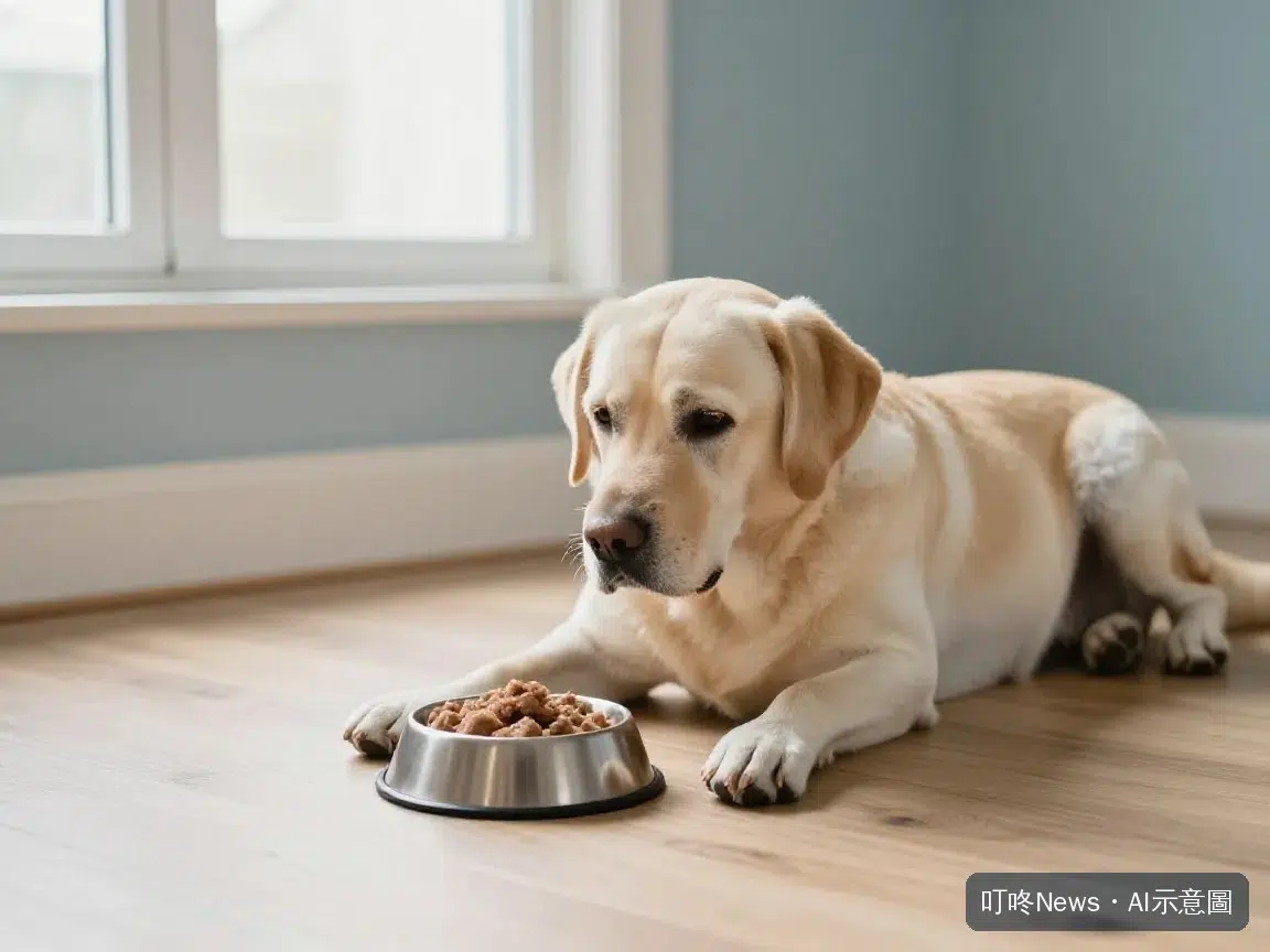老犬面前放著一碗軟質食物的情境示意
