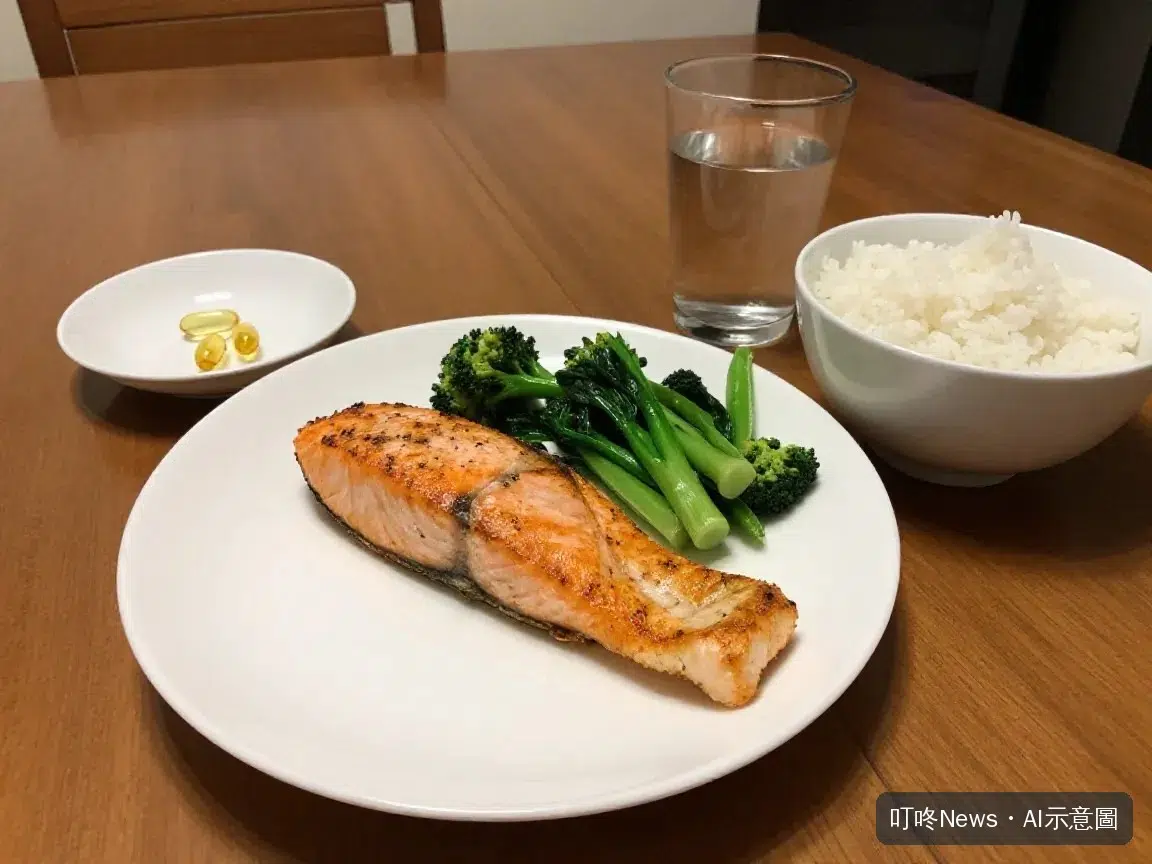 晚餐桌上的烤鮭魚與飯後搭配的魚油軟膠囊