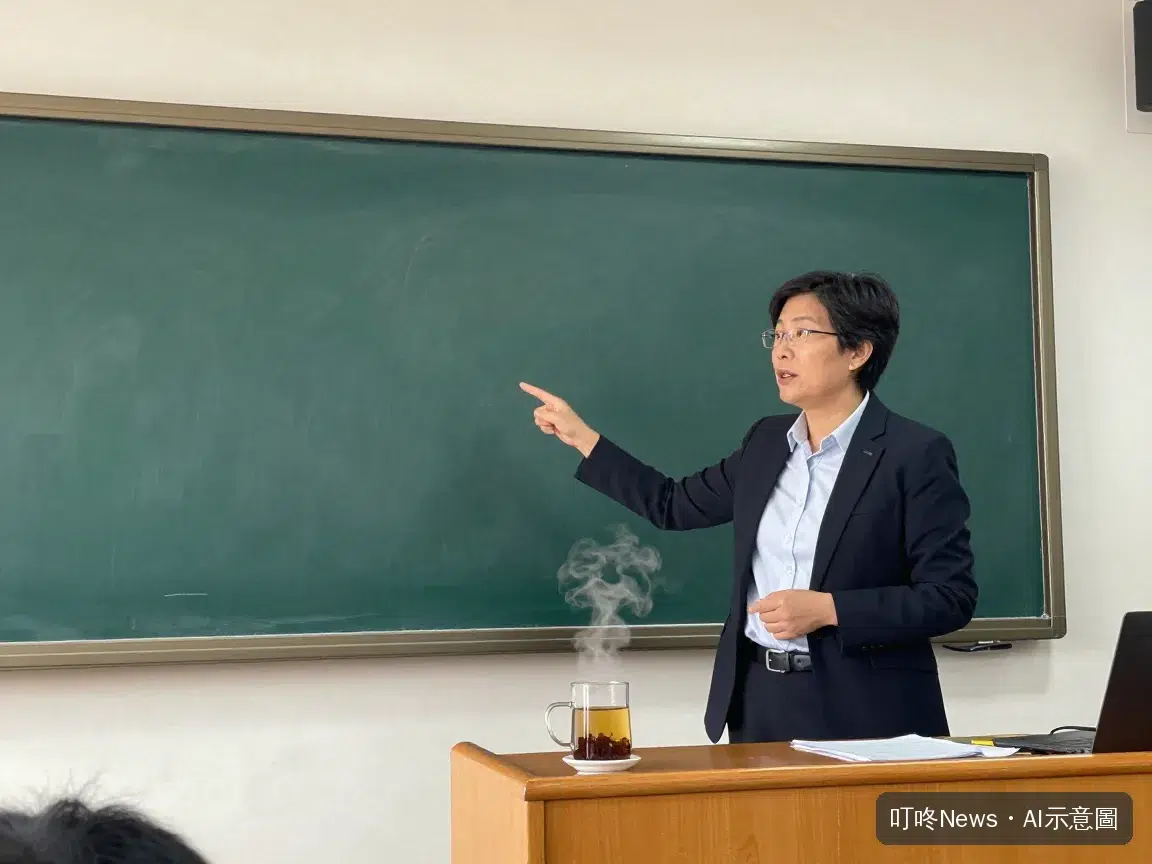 AI情境示意圖：老師在講台前長時間講課，桌上放著一杯潤喉茶