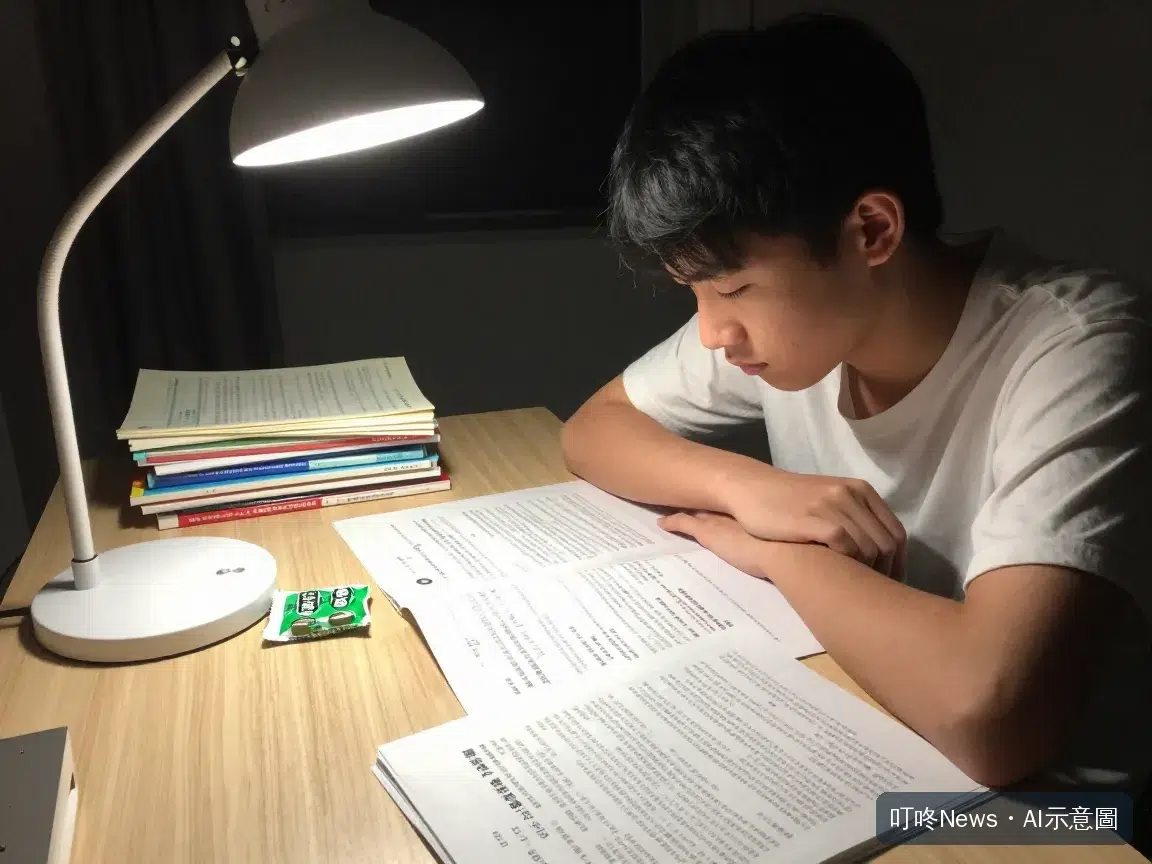 AI情境示意圖：學生深夜在書桌前讀書，手邊放著一包薄荷糖提神