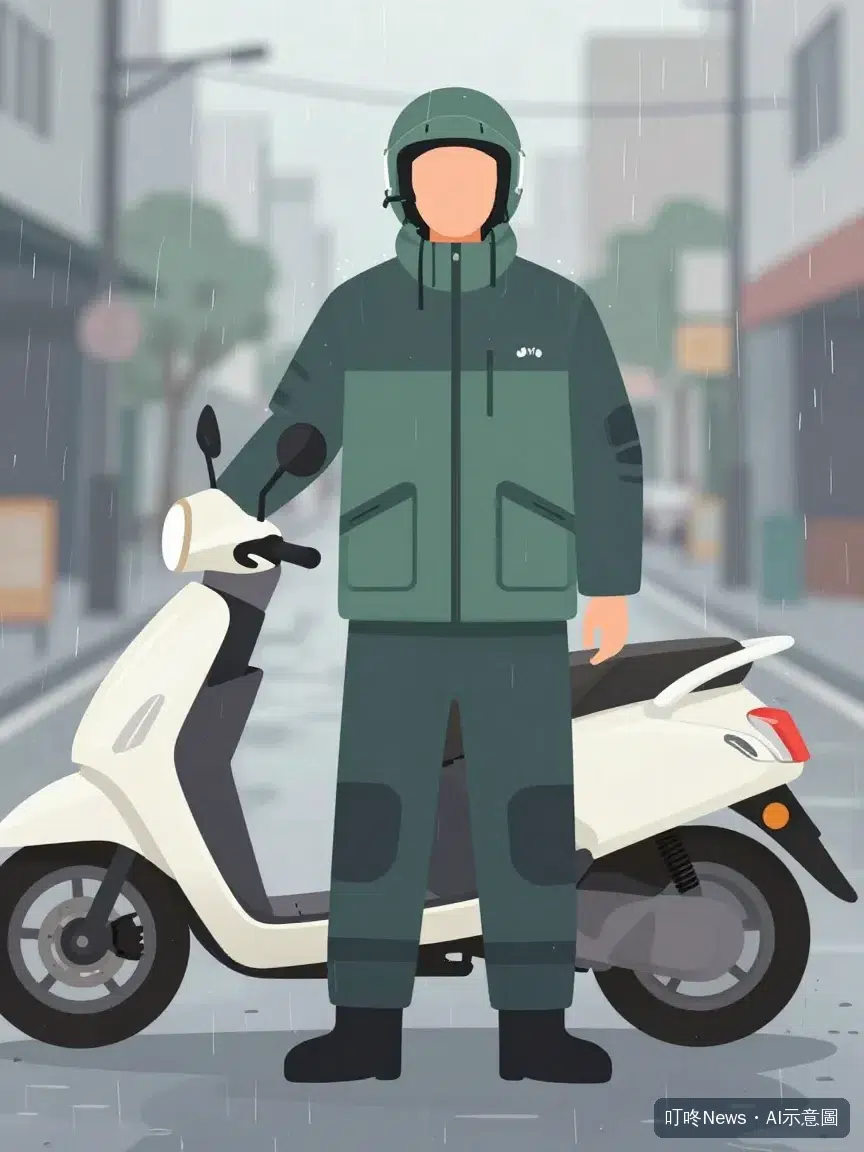 機車騎士穿著兩件式雨衣站在機車旁，雨衣外套與雨褲分開穿著