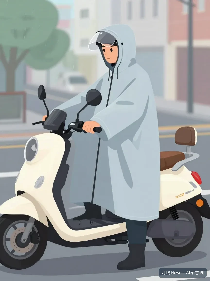 機車騎士站在機車旁快速穿上一件式雨衣，側開拉鍊清晰可見