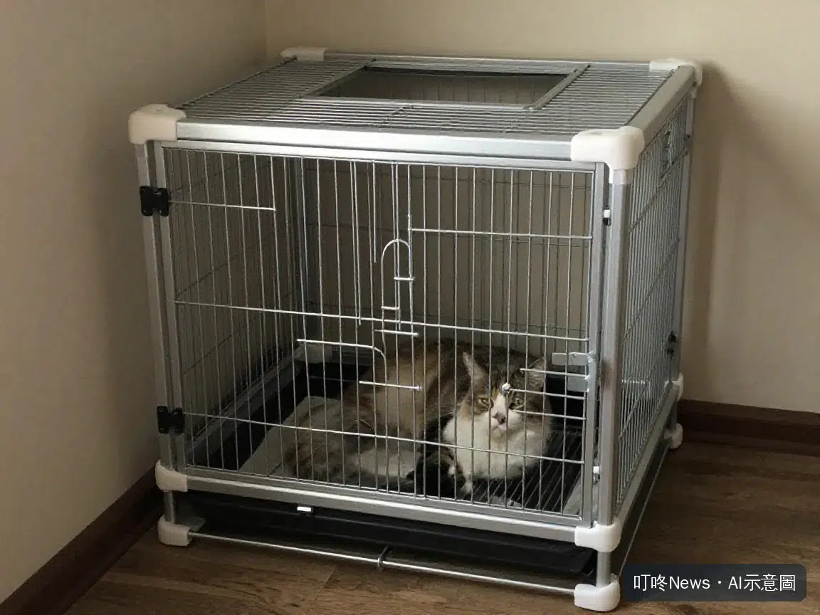 折疊貓籠放在室內角落，貓咪窩在裡面