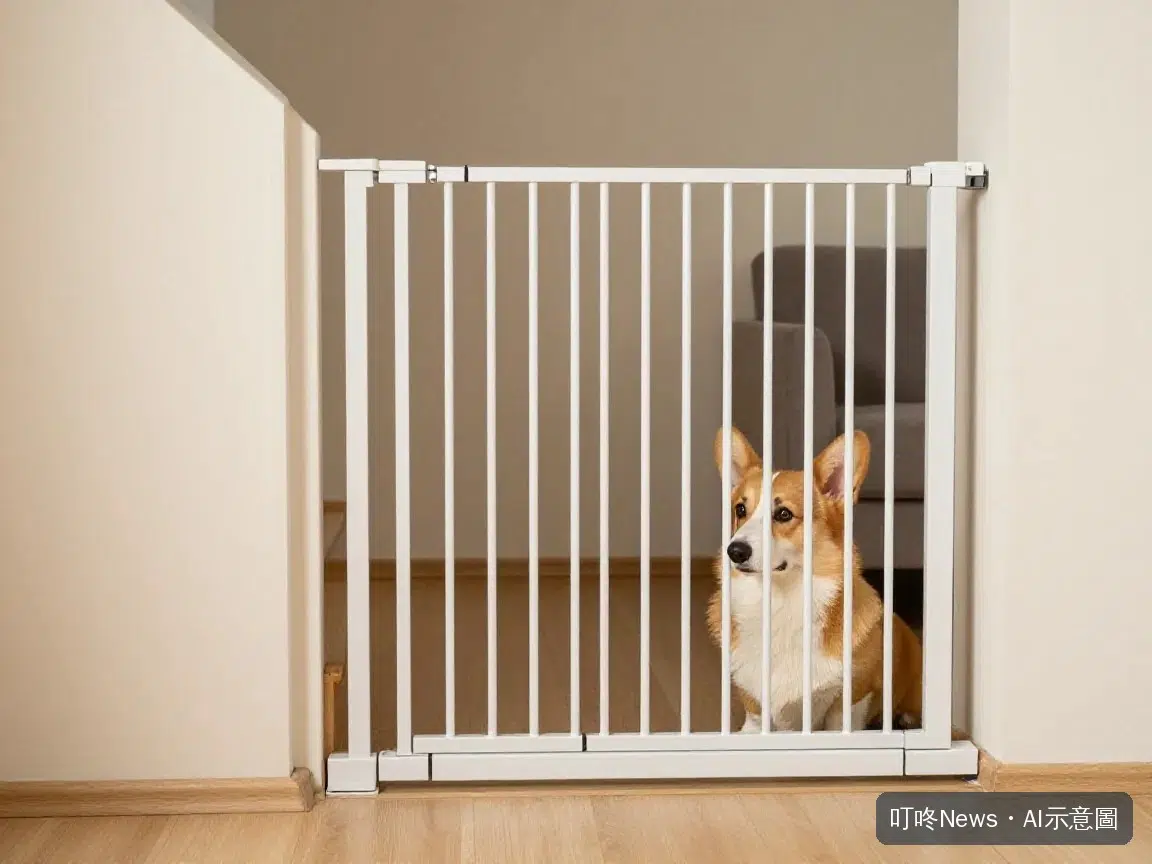 白色安全門欄裝在樓梯口，柯基犬在門欄後方