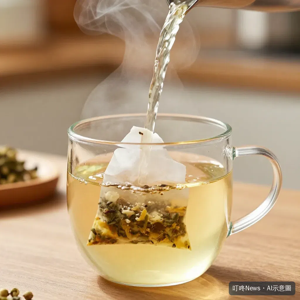 熱水沖泡茶包特寫，蒸氣裊裊